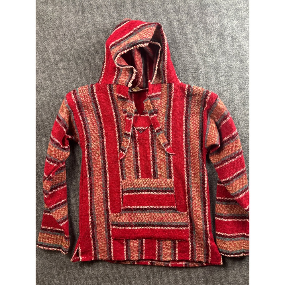 El Paso Saddleblanket Baja Hoodie Mens Large Red Striped Kangaroo Pocket Poncho